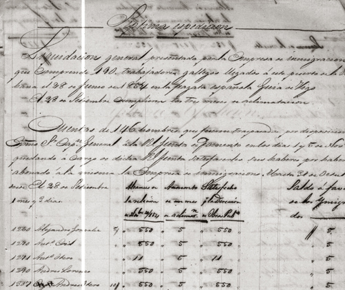 Liquidacion general presentada por la Empresa de Inmigracion que comprende 190 trabajadores gallegos llegados a este puerto de la Habana el 28 de Junio de 1854 en la fragata española Guia de Vigo.